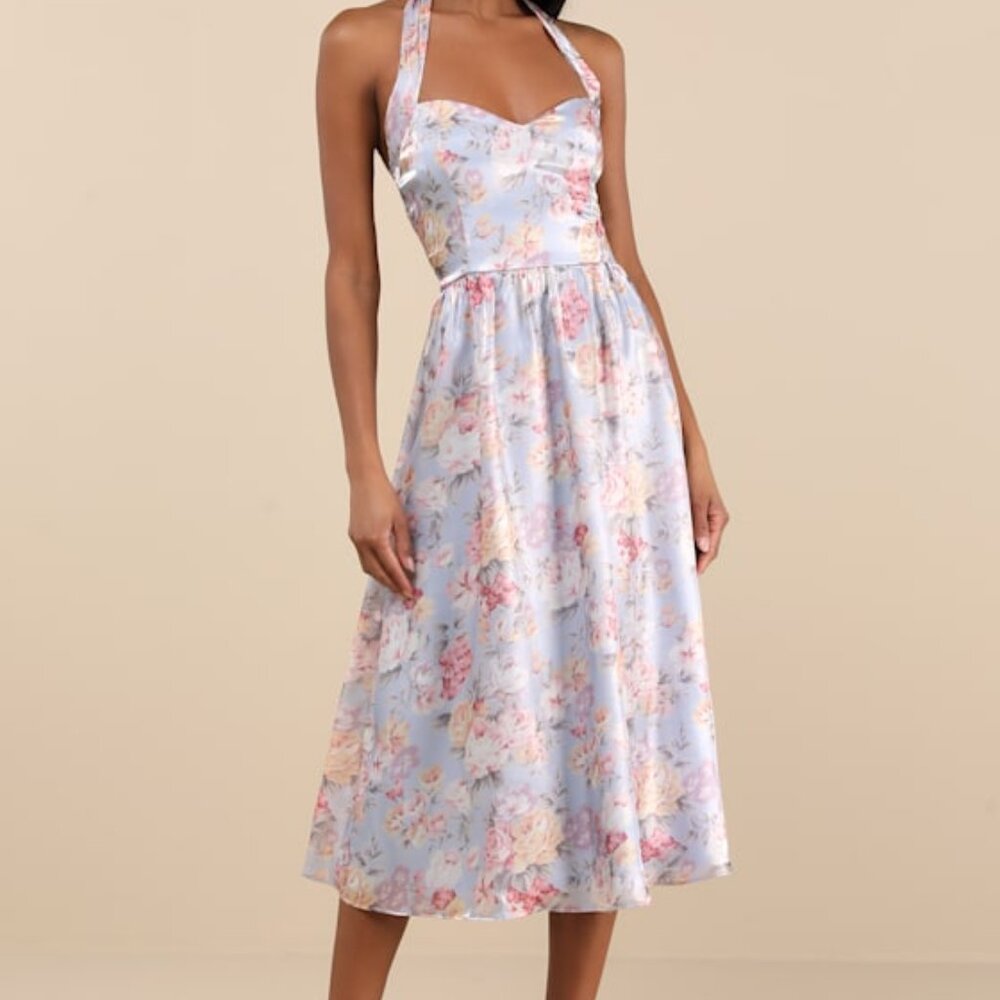 Lulus Briselda Light Blue Floral Organza Halter Midi Dress - Size S